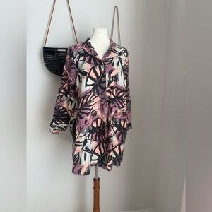 Noen Palm Leaf Button Up Long Sleeve Shirt Dress, Pockets XS